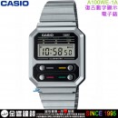 【金響鐘錶】預購,CASIO A100WE-1ADF(公司貨,保固1年):::經典電子錶,復古造型設計,1/100碼錶,鬧鈴,A-100WE